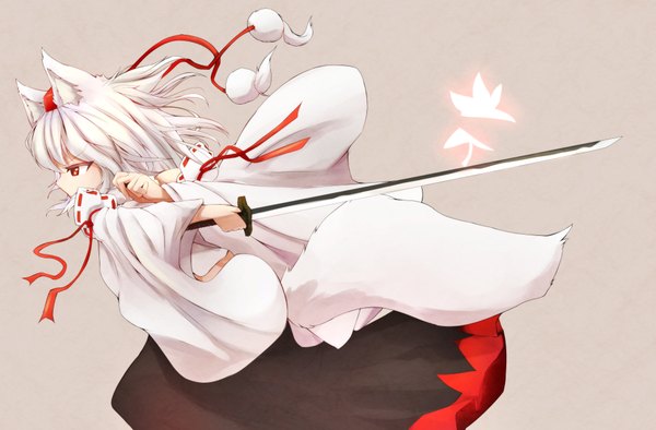 Anime picture 1990x1310 with touhou inubashiri momiji denak single highres short hair red eyes animal ears white hair tail traditional clothes animal tail profile wolf ears wolf tail wolf girl girl weapon detached sleeves sword