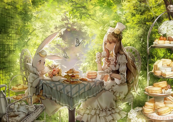 Anime picture 1091x772 with original leclle single long hair fringe breasts blonde hair sitting holding brown eyes outdoors head tilt sunlight wide sleeves puffy sleeves girl dress gloves flower (flowers) plant (plants)