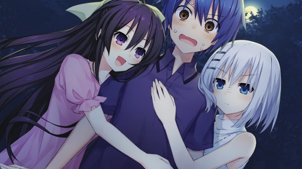 Anime picture 1280x720 with date a live yatogami tooka tobiichi origami itsuka shidou long hair blush short hair open mouth blue eyes wide image purple eyes multiple girls brown eyes blue hair game cg purple hair white hair hug girl dress