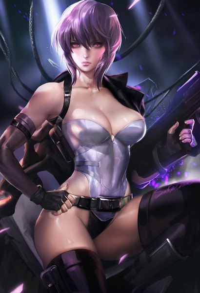 Anime picture 1026x1500 with ghost in the shell production i.g kusanagi motoko sakimichan single tall image looking at viewer blush fringe short hair breasts light erotic hair between eyes large breasts purple eyes signed cleavage purple hair girl gloves