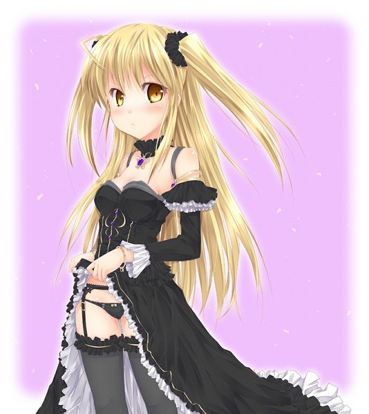 Anime picture 1024x1151 with original fujimoto akio (artist) single long hair tall image light erotic blonde hair yellow eyes two side up border outside border gothic girl thighhighs dress underwear panties black thighhighs