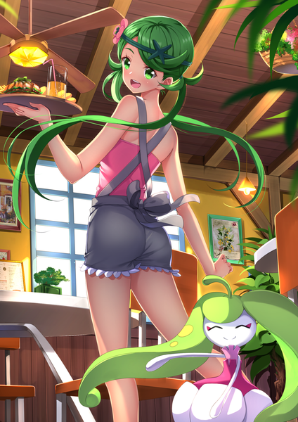 Anime picture 1102x1560 with pokemon pokemon sm nintendo mallow (pokemon) steenee swordsouls single long hair tall image blush open mouth smile standing twintails bare shoulders holding green eyes ass indoors eyes closed