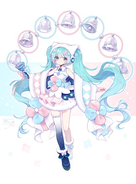 Anime picture 1050x1420 with vocaloid magical mirai (vocaloid) hatsune miku magical mirai miku magical mirai miku (2020 winter) nishina hima single tall image looking at viewer smile twintails full body very long hair aqua eyes aqua hair girl thighhighs dress gloves bell