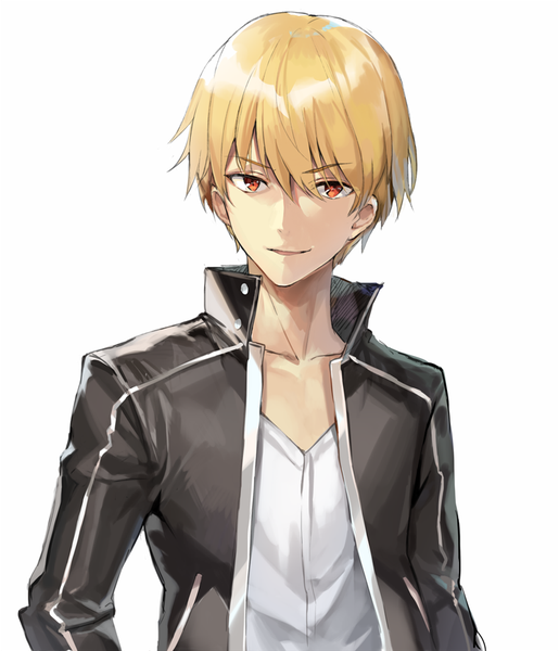 Anime picture 800x933 with fate (series) fate/stay night gilgamesh (fate) gilgamesh (immoral biker jacket) (fate) momoko (momopoco) single tall image looking at viewer fringe short hair open mouth simple background blonde hair smile hair between eyes white background upper body open jacket orange eyes portrait