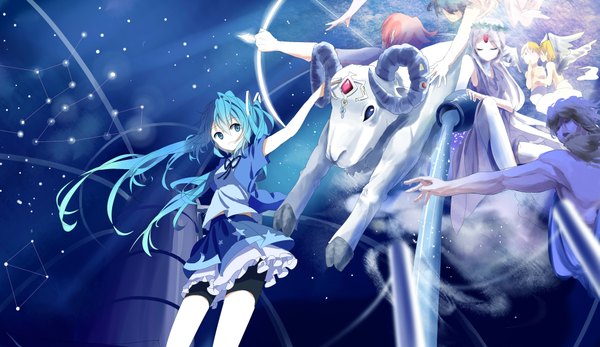 Anime-Bild 4150x2404 mit vocaloid hatsune miku siji (szh5522) long hair highres short hair blue eyes blonde hair smile wide image twintails blue hair absurdres eyes closed constellation zodiac aquarius (zodiac) leo (zodiac) pisces (zodiac) aries (zodiac)