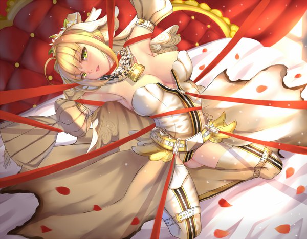 Anime picture 2250x1753 with fate (series) fate/extra fate/extra ccc nero claudius (fate) (all) nero claudius (fate) nero claudius (bride) (fate) genkung single looking at viewer highres short hair breasts open mouth light erotic blonde hair green eyes girl thighhighs dress ribbon (ribbons)