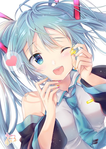 Anime picture 900x1271 with vocaloid hatsune miku maruma (maruma gic) single long hair tall image looking at viewer blush fringe breasts open mouth blue eyes simple background hair between eyes white background twintails bare shoulders holding upper body nail polish