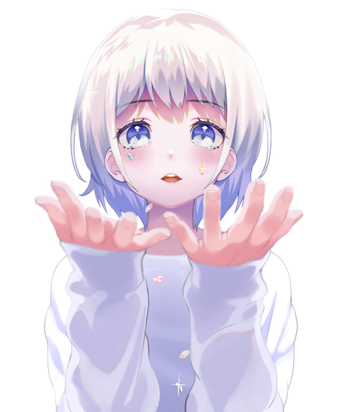 Anime picture 1300x1571 with original gen (gen m gen) single tall image looking at viewer blush fringe short hair open mouth blue eyes simple background white background silver hair upper body long sleeves sparkle shadow tears sleeves past wrists girl