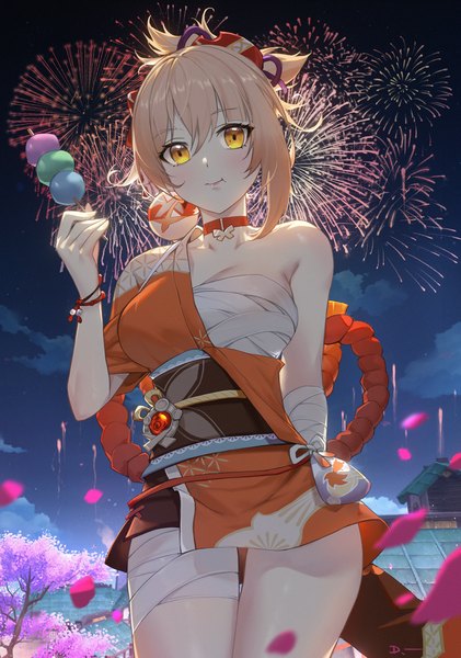 Anime picture 1800x2564 with genshin impact yoimiya (genshin impact) linreplica single tall image looking at viewer blush fringe highres short hair breasts light erotic blonde hair smile hair between eyes standing bare shoulders yellow eyes traditional clothes japanese clothes