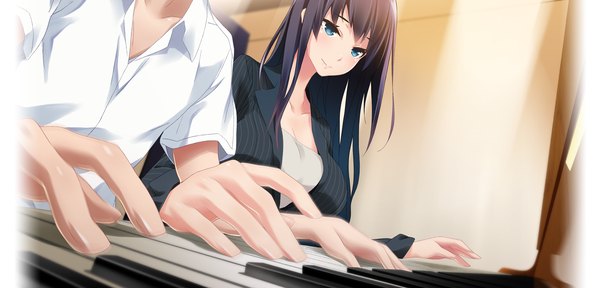 Anime picture 2250x1080 with brava! long hair blush highres blue eyes black hair smile wide image game cg girl boy shirt piano