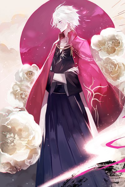 Anime picture 1600x2390 with fate (series) fate/grand order karna (fate) juexing (moemoe3345) single tall image short hair standing looking away white hair traditional clothes japanese clothes profile crossed arms boy earrings flag japanese flag