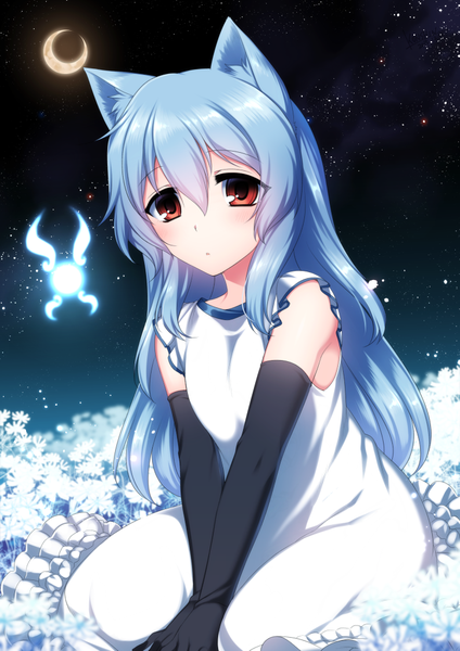 Anime picture 723x1023 with original konshin single long hair tall image looking at viewer red eyes animal ears blue hair night crescent girl dress gloves black gloves moon