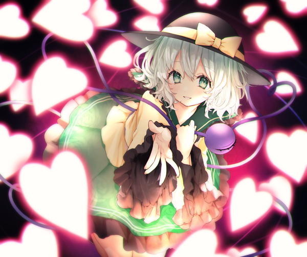 Anime picture 1370x1146 with touhou komeiji koishi honotai single looking at viewer fringe short hair hair between eyes green eyes green hair outstretched hand girl skirt hat heart green skirt eyeball