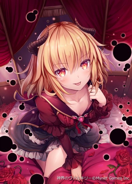 Anime picture 643x900 with shinkai no valkyrie demise (shinkai no valkyrie) akkijin single tall image looking at viewer blush fringe short hair breasts blonde hair hair between eyes red eyes cleavage indoors horn (horns) from above official art demon girl :p