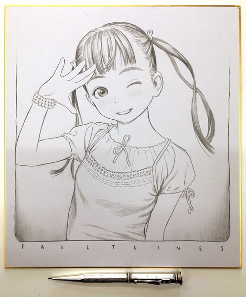 Anime picture 2935x3538 with original range murata single long hair tall image looking at viewer fringe highres smile twintails upper body parted lips one eye closed short sleeves monochrome traditional media salute graphite (medium) photo (medium) girl