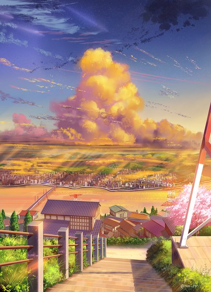 Anime picture 870x1200 with original niko p tall image sky cloud (clouds) sunlight cherry blossoms city evening horizon cityscape no people landscape sunbeam river street plant (plants) tree (trees) building (buildings) house
