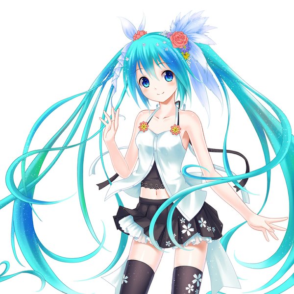 Anime picture 1000x1000 with vocaloid hatsune miku setona (daice) blush blue eyes simple background smile white background twintails very long hair hair flower aqua hair midriff girl thighhighs skirt navel hair ornament black thighhighs miniskirt