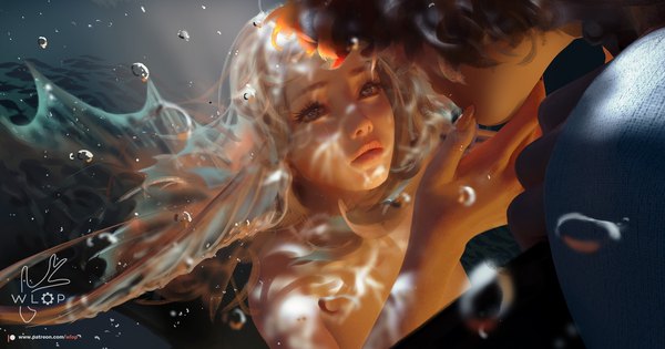 Anime picture 1800x945 with original wlop long hair highres short hair blonde hair brown hair wide image purple eyes multiple girls signed parted lips fingernails from above realistic watermark light long fingernails underwater face to face