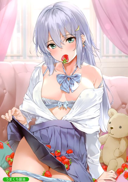 Anime picture 2083x2958 with original melonbooks umakuchi shouyu single long hair tall image looking at viewer blush fringe highres breasts light erotic hair between eyes sitting holding signed payot indoors long sleeves head tilt