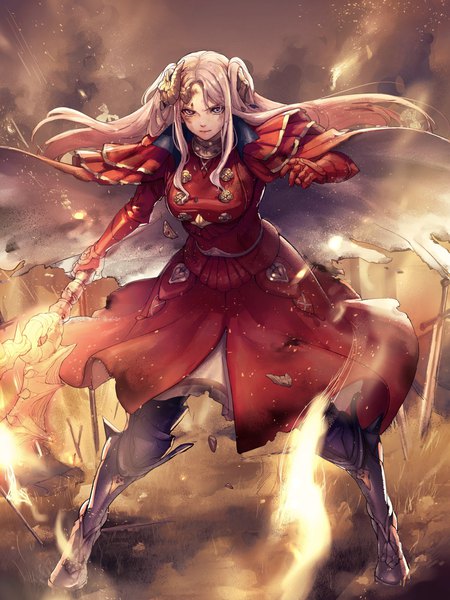Anime picture 1200x1600 with fire emblem fire emblem: three houses nintendo edelgard von hresvelg hajimetakadai single long hair tall image looking at viewer breasts large breasts standing purple eyes holding payot silver hair full body outdoors torn clothes smoke