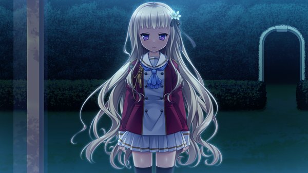 Anime picture 1920x1080 with hello lady akatsuki-works takazaki eru single long hair looking at viewer highres wide image purple eyes game cg silver hair night girl thighhighs uniform ribbon (ribbons) black thighhighs hair ribbon school uniform