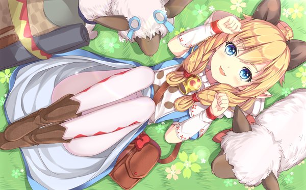 Anime picture 3000x1866 with monster hunter monster hunter x meowstress moofah rin yuu single long hair looking at viewer blush fringe highres open mouth blue eyes blonde hair smile wide image animal ears bent knee (knees) lying braid (braids)