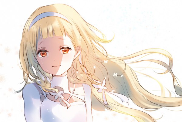 Anime picture 1790x1200 with sayonara no asa ni yakusoku no hana wo kazarou maquia (sayoasa) kayanogura single long hair fringe highres simple background blonde hair red eyes white background looking away upper body braid (braids) wind tears twin braids shaded face girl insect