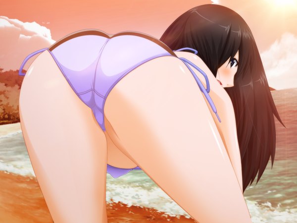 Anime picture 1024x768 with kansen5 (game) long hair blush blue eyes light erotic black hair game cg ass looking back beach girl swimsuit bikini