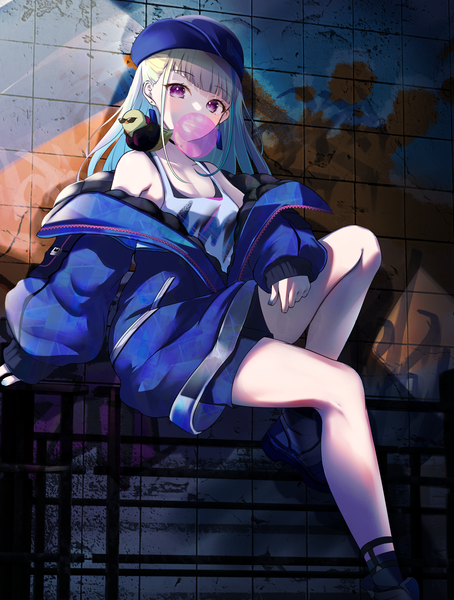Anime picture 2707x3574 with virtual youtuber nijisanji lize helesta sebastian piyodore lize helesta (8th costume) mika uni single long hair tall image looking at viewer fringe highres sitting purple eyes silver hair blunt bangs long sleeves off shoulder arm support open jacket