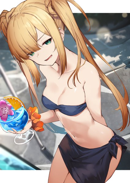 Anime picture 1420x2004 with fate (series) fate/grand order lord el-melloi ii case files reines el-melloi archisorte yuuuuu single long hair tall image looking at viewer fringe breasts open mouth light erotic blonde hair hair between eyes sitting twintails bare shoulders holding green eyes