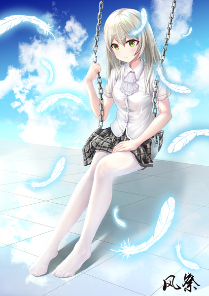 Anime picture 1240x1754 with original exexgemora single long hair tall image looking at viewer blush fringe smile hair between eyes sitting holding green eyes signed payot sky silver hair cloud (clouds) full body bent knee (knees)
