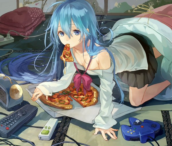 Anime picture 1200x1020 with denpa onna to seishun otoko shaft (studio) touwa erio tamu (tamurarucaffe1226) single looking at viewer fringe blue eyes light erotic hair between eyes bare shoulders holding payot blue hair ahoge very long hair pleated skirt fingernails from above no bra