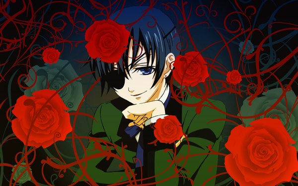Anime picture 1680x1050 with kuroshitsuji a-1 pictures ciel phantomhive single short hair blue eyes black hair smile wide image boy flower (flowers) earrings bowtie eyepatch