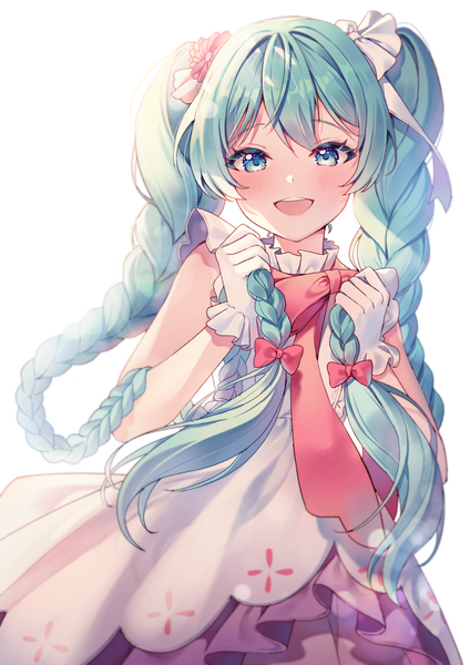 Anime picture 2000x2829 with vocaloid hatsune miku pongu single long hair tall image looking at viewer blush highres open mouth simple background white background braid (braids) :d aqua eyes aqua hair sleeveless twin braids holding hair girl