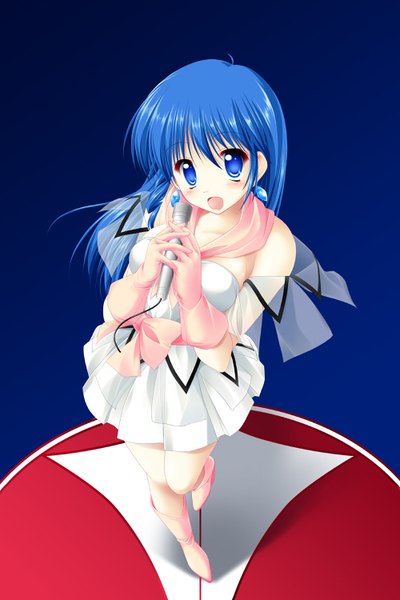 Anime picture 1000x1500 with the super dimension fortress macross lynn minmay kamiya tomoe single long hair tall image blush open mouth blue eyes smile blue hair from above blue background girl gloves bow earrings elbow gloves thigh boots sundress