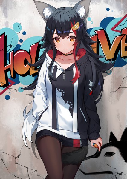 Anime picture 1433x2023 with virtual youtuber hololive ookami mio ookami mio (3rd costume) isaya (pixiv4541633) single long hair tall image looking at viewer fringe black hair hair between eyes animal ears multicolored hair orange eyes streaked hair copyright name official alternate costume hand in pocket wolf ears