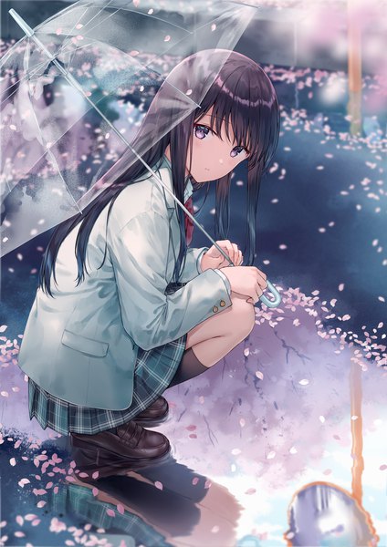 Anime picture 1414x2000 with original hiten (hitenkei) single long hair tall image looking at viewer fringe black hair purple eyes holding full body outdoors blunt bangs long sleeves cherry blossoms turning head plaid skirt reflection squat revision