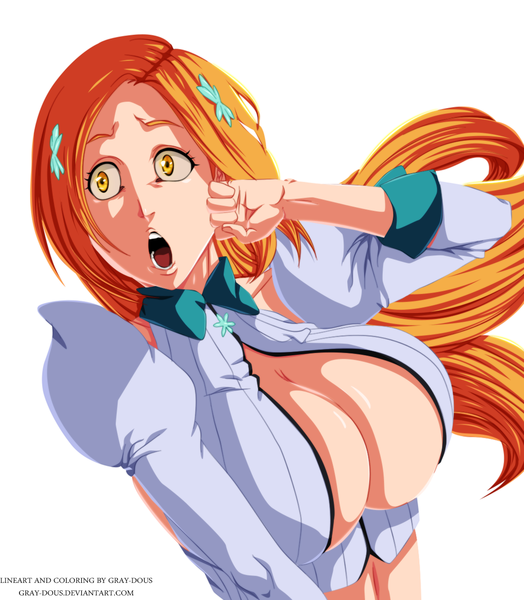 Anime picture 1127x1292 with bleach studio pierrot inoue orihime gray-dous single long hair tall image breasts open mouth light erotic simple background large breasts white background yellow eyes orange hair coloring girl