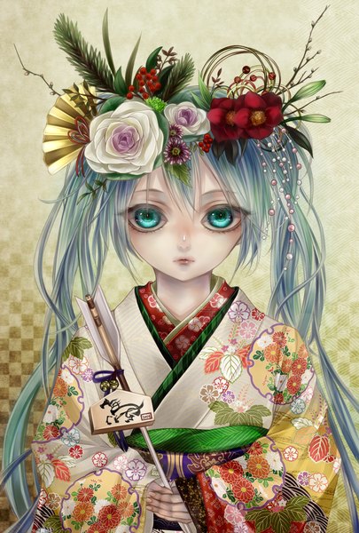 Anime picture 1181x1748 with vocaloid hatsune miku shio tsuitta single tall image looking at viewer twintails very long hair traditional clothes japanese clothes hair flower aqua eyes aqua hair girl hair ornament flower (flowers) kimono ema