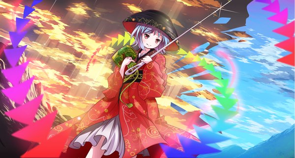 Anime picture 2343x1254 with touhou sukuna shinmyoumaru risutaru single highres short hair smile red eyes wide image standing holding blue hair looking away sky outdoors traditional clothes japanese clothes danmaku girl kimono