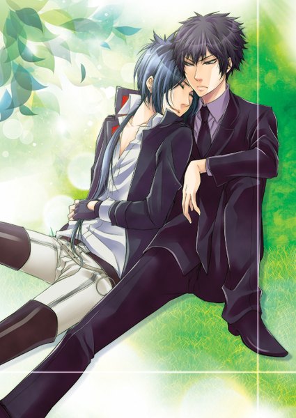 Anime picture 1000x1412 with katekyou hitman reborn hibari kyouya rokudo mukuro hibaniki69 long hair tall image fringe short hair black hair smile hair between eyes sitting blue hair looking away bent knee (knees) eyes closed long sleeves from above black eyes multiple boys