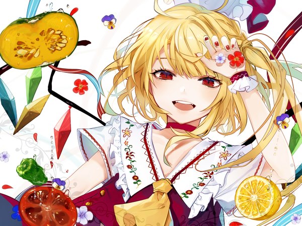 Anime picture 2000x1500 with touhou flandre scarlet renkarua single looking at viewer highres short hair open mouth blonde hair smile red eyes nail polish :d one side up slit pupils red nail polish adapted costume girl flower (flowers) wings