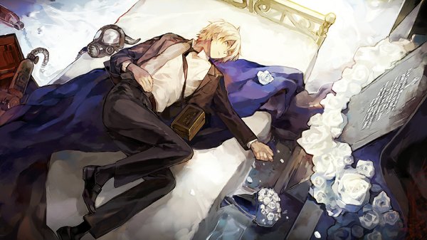 Anime picture 1190x669 with original yszx single short hair blonde hair wide image yellow eyes lying from above open collar boy flower (flowers) shirt petals water necktie shoes belt rose (roses) bed