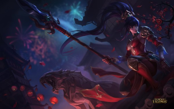 Anime picture 1920x1200 with league of legends nidalee (league of legends) single fringe highres breasts black hair holding blue hair sky ponytail very long hair wind lips night copyright name fireworks girl flower (flowers) weapon