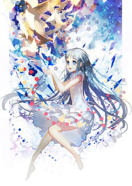 Anime picture 800x1127 with ano hi mita hana no namae wo bokutachi wa mada shiranai a-1 pictures honma meiko shengkong (prank) single long hair tall image fringe open mouth blue eyes looking away full body bent knee (knees) barefoot grey hair bare legs puffy sleeves happy girl dress