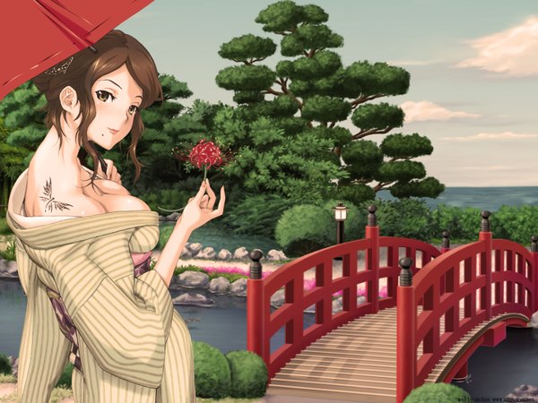 Anime picture 1600x1200 with happoubi jin light erotic brown hair yellow eyes japanese clothes tattoo girl flower (flowers) plant (plants) tree (trees) kimono umbrella bridge higanbana