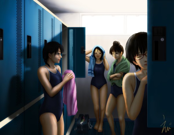 Anime picture 1200x933 with original ebi (eeotoko) black hair multiple girls signed realistic group girl swimsuit glasses one-piece swimsuit 4 girls towel school swimsuit