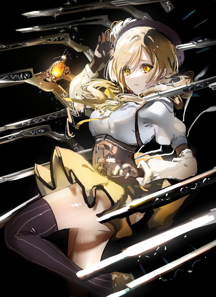 Anime picture 2991x4096 with mahou shoujo madoka magica shaft (studio) tomoe mami nanaponi single long hair tall image fringe highres blonde hair twintails yellow eyes looking away low twintails underbust girl thighhighs skirt gloves weapon