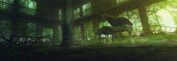 Anime picture 1902x659 with original mocha (cotton) wide image signed indoors sunlight no people ruins overgrown abandoned plant (plants) window musical instrument piano abandoned building