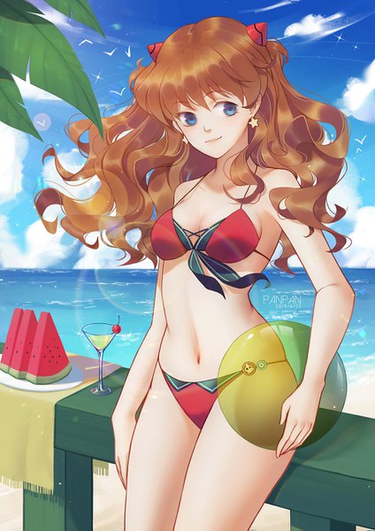 Anime picture 1000x1415 with neon genesis evangelion gainax soryu asuka langley panpanmeiyou hp single long hair tall image blue eyes smile brown hair holding signed looking away sky cloud (clouds) wind lens flare wavy hair transparent girl